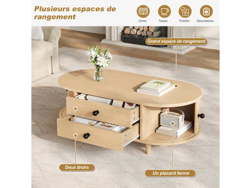Table basse avec rangement, 2 tiroirs, portes à rideau, mdf, 100 x 50 x 36 cm, bois clair - Conforama B