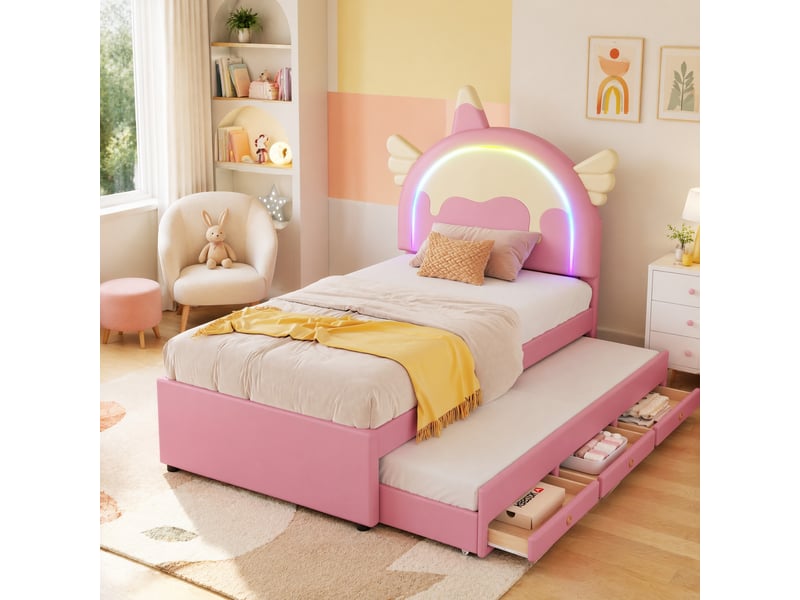  Lit enfant 90 x 200 cm en forme de licorne avec lit gigogne et tiroirs, rose  - Conforama C
