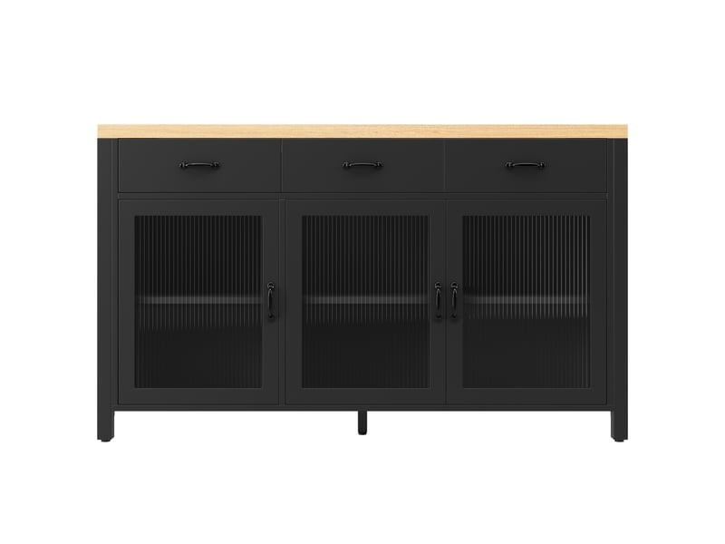 Desserte de cuisine avec led, 3 tiroirs et 3 portes en verre, îlot cuisine en mdf noir, 150x80x90 cm  - Conforama R