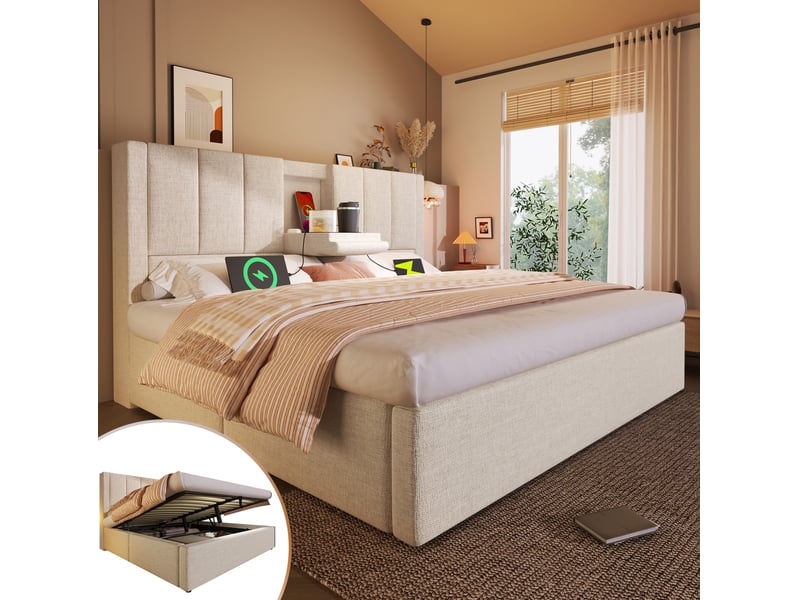  Lit double avec rangement hydraulique 160 x 200 cm en lin beige avec sommier à lattes  - Conforama B