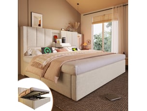 Lit double avec rangement hydraulique 160 x 200 cm en lin beige avec sommier à lattes