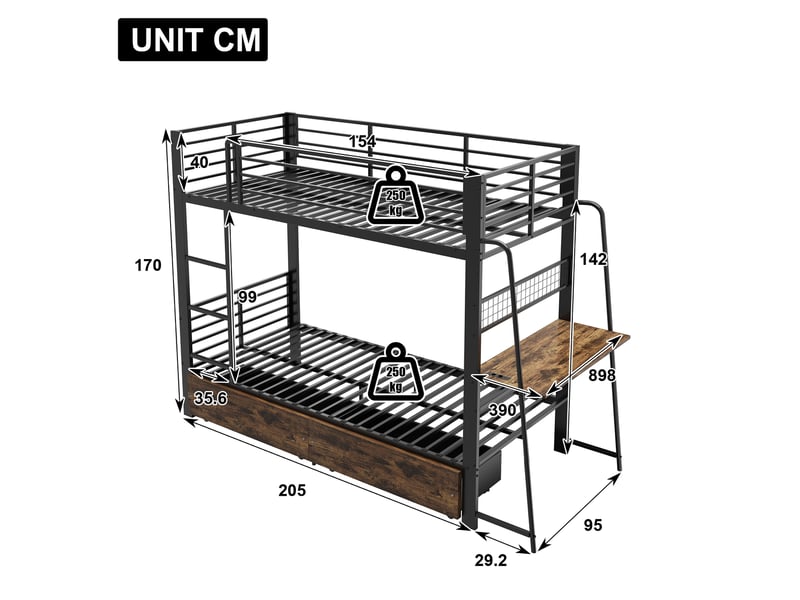  Lit superposé 90 x 200 cm avec bureau, led multicolore et tiroirs de rangement, noir  - Conforama C