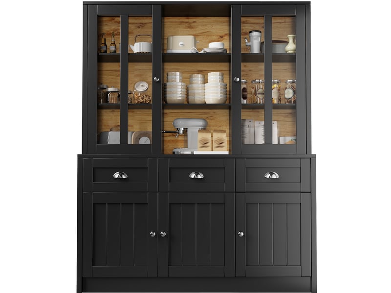  Buffet haut 140x38,5x175 cm noir en mdf et acrylique, rangement avec tiroirs pour cuisine et salle à manger  - Conforama A