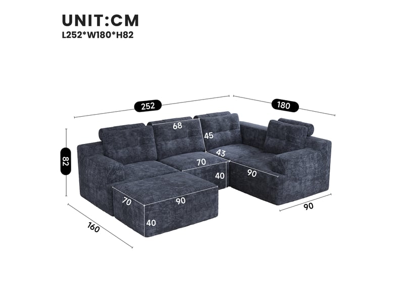  Canapé d’angle modulable en u ou l 252x180x82 cm, sans cadre ni montage, mousse intégrale haute résilience, avec appui-tête, chenille, bleu  - Conforama E