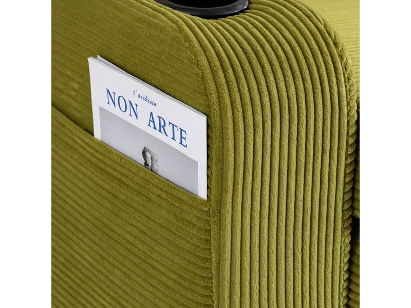 Canapé deux places en velours côtelé vert olive, canapé modulable avec assise 100 cm, coussins moelleux et porte-gobelets - Conforama C