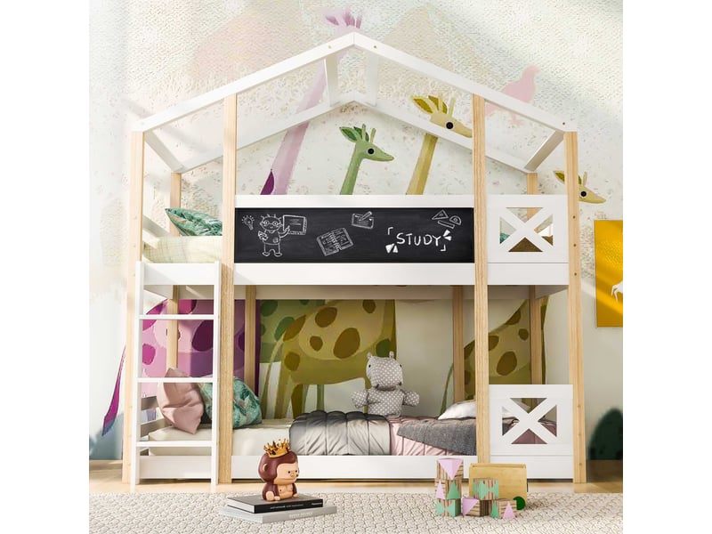  Lit superposé cabane 90x200 cm, échelle et tableau, 2 sommiers à lattes, pin, blanc et naturel C-DEGAYUN - Conforama D