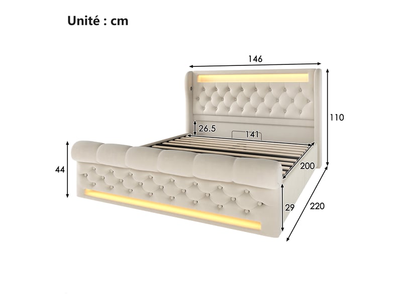  Lit coffre 140x200 cm - lit double avec rangement et éclairage led, prises usbtype-c, en velours beige - sans matelas  - Conforama C