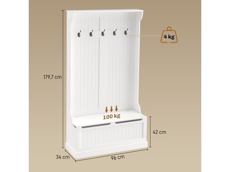 Meuble d'entrée avec banc porte manteaux 3 en 1 5 crochets banc de rangement pour salon couloir crème 96 x 34 x 179,7 cm - Conforama C