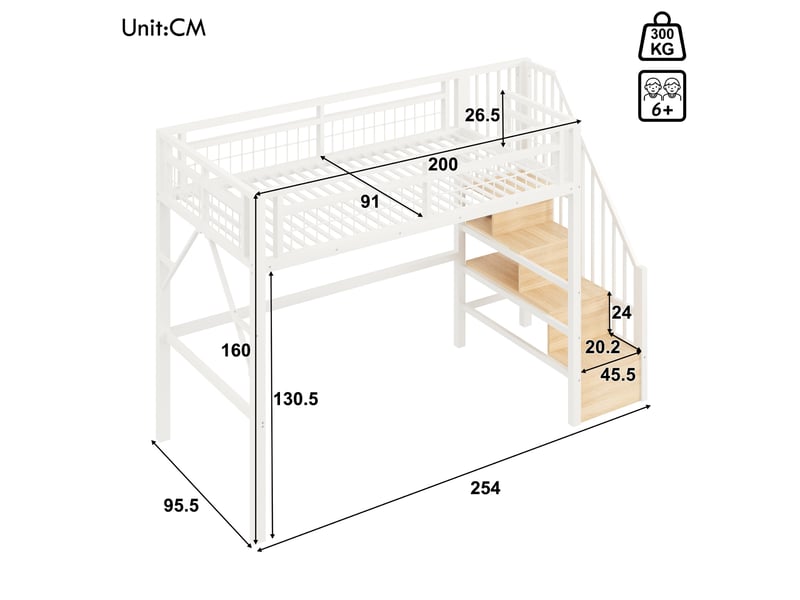 Lit mezzanine enfant 90x200 cm en métal avec led, escalier avec rangement, garde-corps sécurisé et espace de jeu sous le lit - blanc - Conforama C