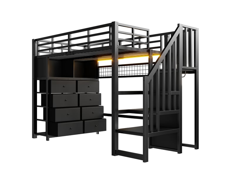 Lit mezzanine enfant,90x200 cm,8 tiroirs, led et rangements,métal,noir - Conforama D