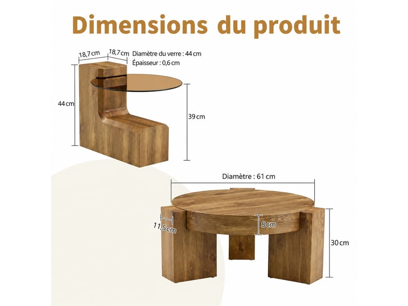  Ensemble de tables basses gigognes rondes, deux bouts de canapé séparables, mdf aspect bois et verre trempé  - Conforama C