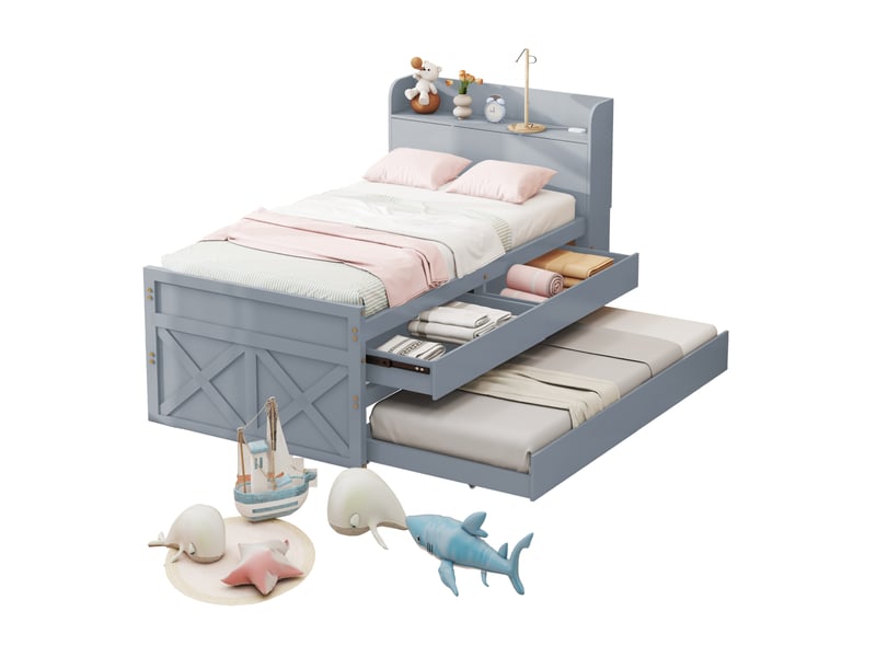  Lit simple 90x190 cm avec lit gigogne, tiroirs et usb, bois gris  - Conforama A