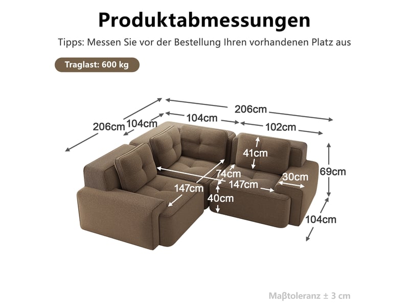  Canapé d'angle fixe 3 places modulable en velours côtelé marron 206 × 206 cm, sans montage pour le salon  - Conforama C