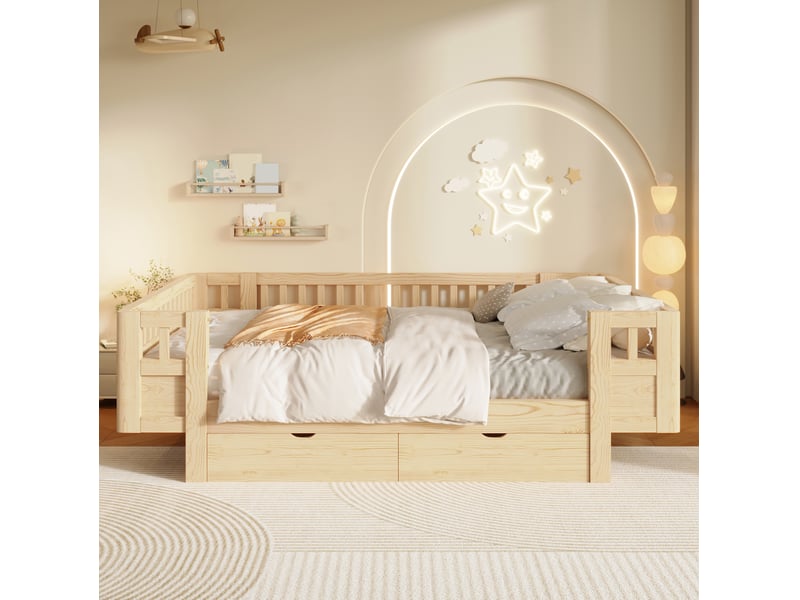  Lit plateforme modenvie 140 x 200 cm avec barrières de protection et 2 tiroirs, bois  - Conforama D
