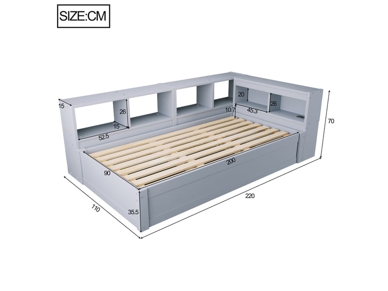  Lit simple 90x200 cm avec rangement hydraulique et led en bois gris  - Conforama E