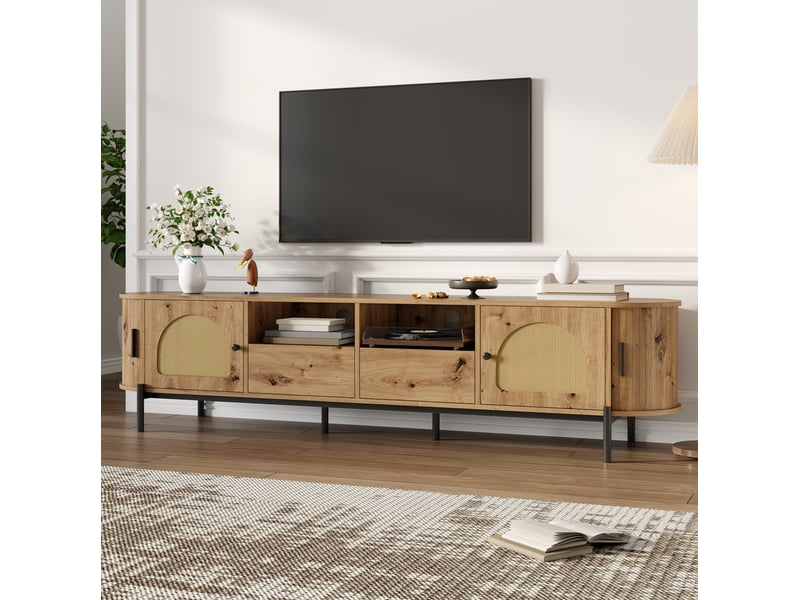 Meuble tv ulevr ovale avec rangement, portes en rotin, 2 tiroirs et passe-câbles, mdf naturel, 200 x 40 x 49,5 cm  - Conforama E