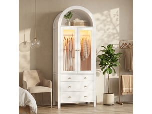 Armoire penderie 80 cm à sommet arrondi avec led, 2 portes vitrées, 1 tringle, 3 tiroirs, compartiment à bijoux sous verre trempé, blanc