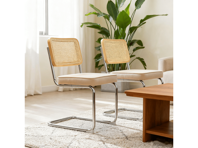  Lot de 2 chaises cantilever en velours gris et cannage pieds en acier chromé style breuer  - Conforama C