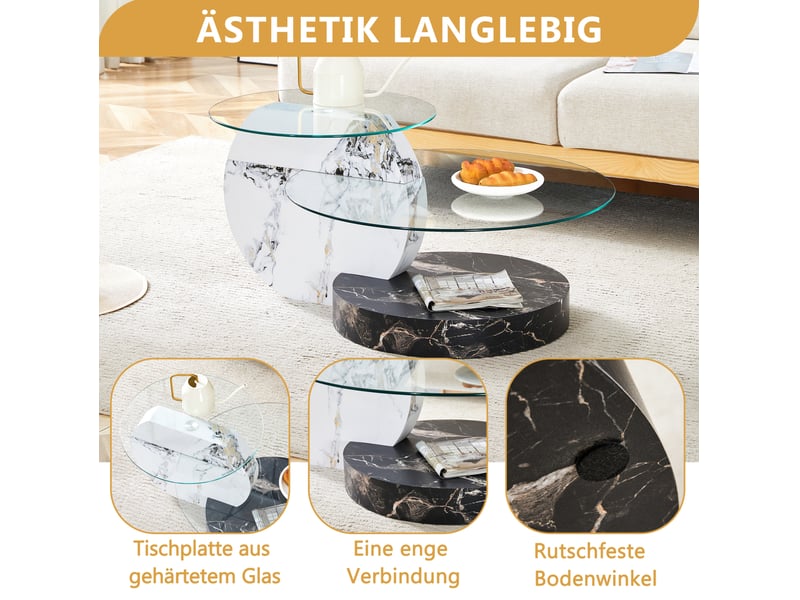  Table basse à 2 plateaux ronds en verre de sécurité, structure mdf aspect marbre, style moderne, pour salon, blanc et noir  - Conforama E