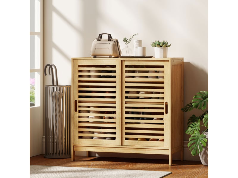  Meuble à chaussures en bambou 16 paires, armoire à chaussures, 2 portes coulissantes, étagères réglables, bois naturel  - Conforama C