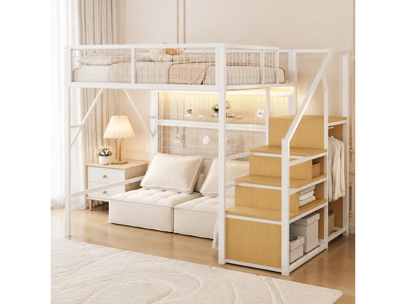  Lit mezzanine 140x200 cm avec escalier, rangements et led pilotées par application blanc  - Conforama D