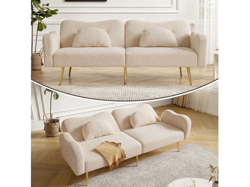  Canapé convertible scandinave 2 places 175x79x82cm, laine d'agneau tendre, mousse, pieds métal, dossier à 3 positions, beige  - Conforama E