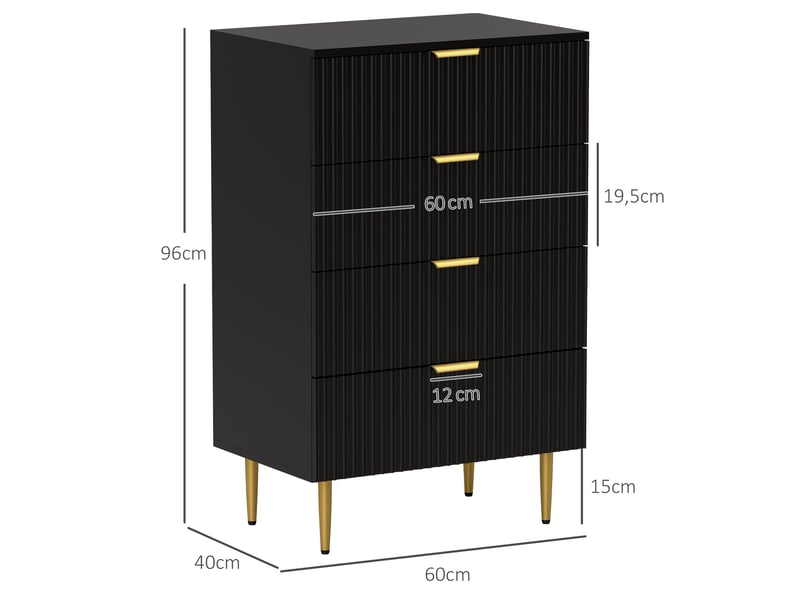  Commode 4 tiroirs commode chambre meuble de rangement moderne avec poignées et pieds dorés, noir, dim. 60 x 40 x 96 cm  - Conforama C