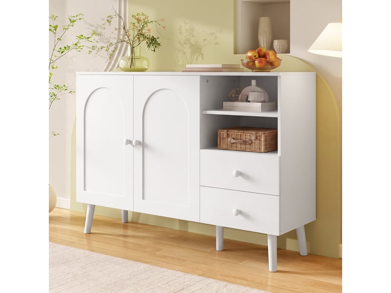  Buffet bas 118x35x82 cm, bahut meuble de rangement salon et entrée, 2 portes galbées, 2 tiroirs, 2 niches, pieds en bois - blanc  - Conforama D