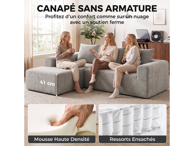 Canapé d'angle en chenille, canapé 3 places en l 242 cm avec méridienne, assise profonde, accoudoirs larges, gris clair - Conforama E