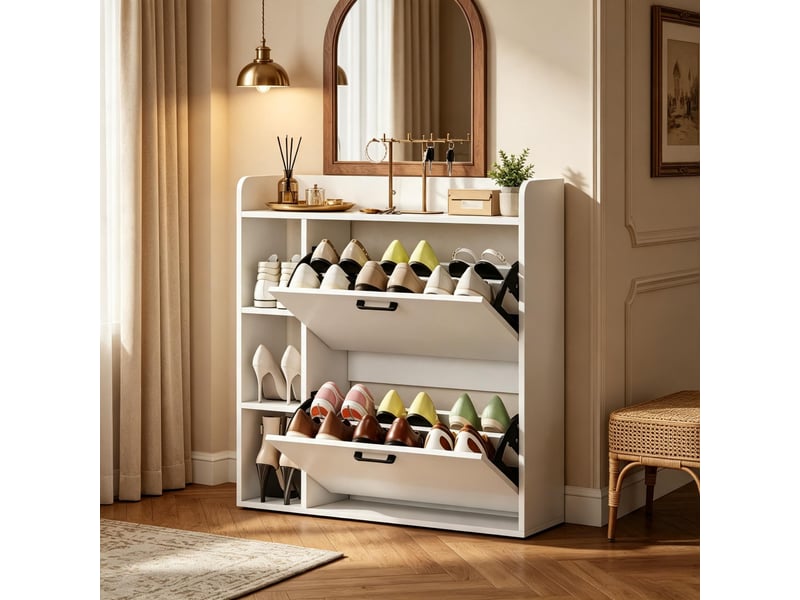  Meuble à chaussures 83l x 24p x 90.5h cm en panneaux de particules avec 2 compartiments basculants blanc chicfurn  - Conforama D