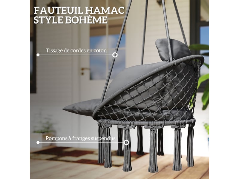 Chaise suspendue avec grand coussin rembourré hamac fauteuil suspendu à franges kit de suspension 80 x 60 x 40 cm gris foncé - Conforama D