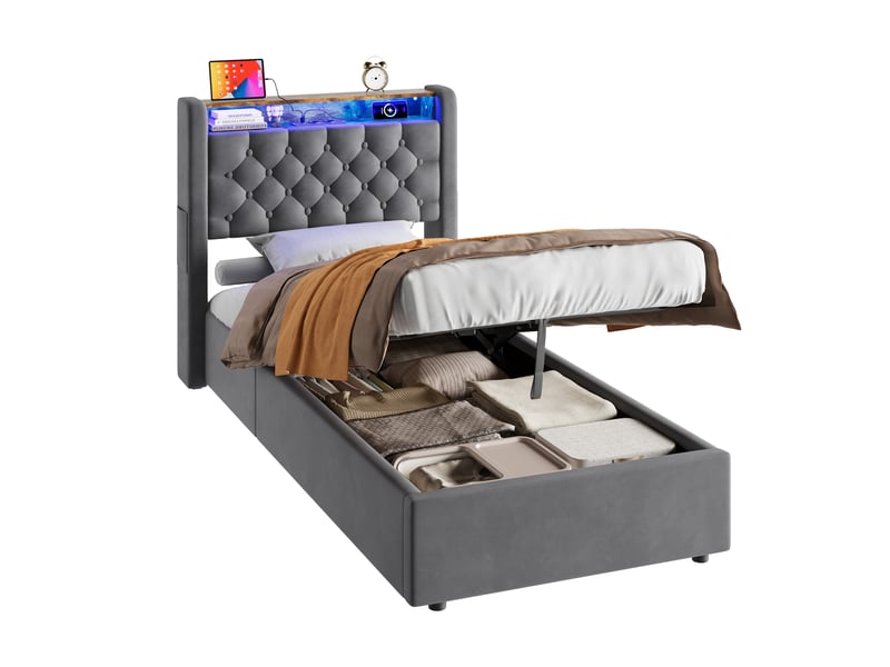  Lit coffre simple 90x200 cm avec led et usb-c, en velours gris  - Conforama A