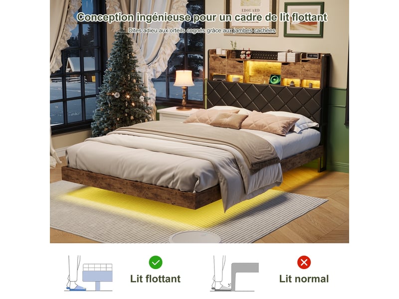  Lit 160x200 cm - lit double 160x200 - cadre suspendu avec led, tête de lit rangement, prises usb - marron &amp; noir  - Conforama D