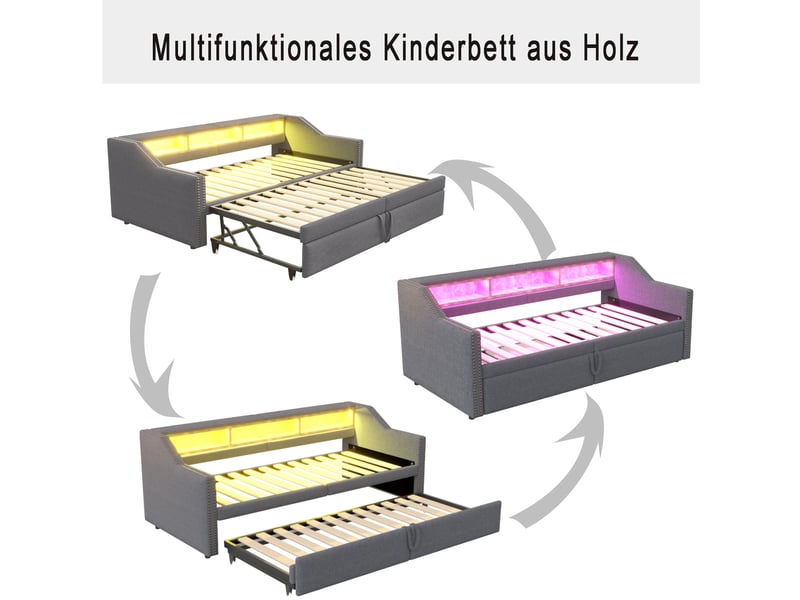 Canapé-lit extensible 90–180x200 cm gris foncé avec coffre, led, usb, sommier à lattes et 2 matelas ressorts - Conforama E