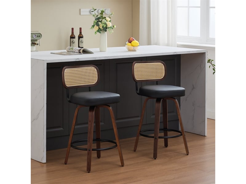 Lot de 2 tabourets de bar 42x56x90cm – aavec dossier en rotin et assise rembourrée – noyer et noir - Conforama B