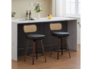 Lot de 2 tabourets de bar 42x56x90cm – aavec dossier en rotin et assise rembourrée – noyer et noir