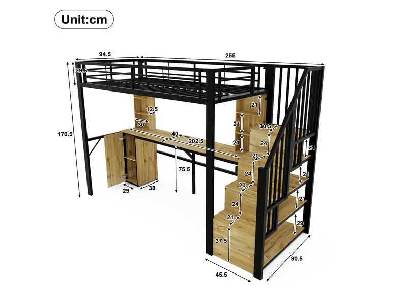  Lit mezzanine 90x200cm avec bureau, étagères, armoire, escalier de rangement et port usb intégré, sans matelas, métal et bois, noir evarich - Conforama C
