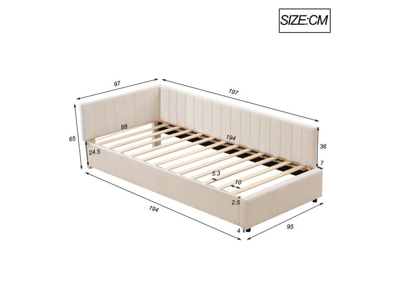  Lit banquette 90x200 cm multifonction en velours beige, rembourré avec sommier à lattes  - Conforama C
