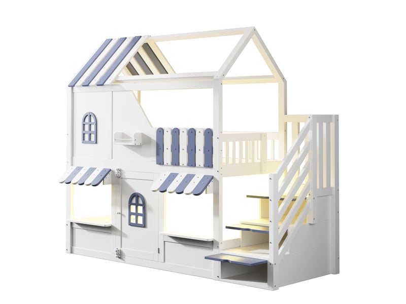 Lit superposé enfant 90x200 avec led - lit cabane avec échelle de rangement et fenêtre, 2 places, blue - Conforama A
