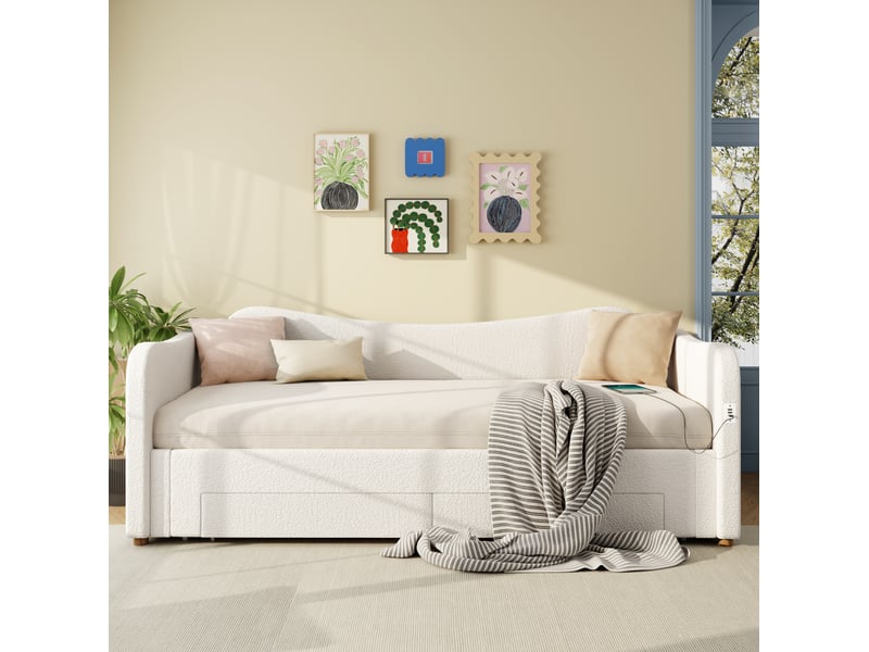  Elvmi lit de jour rembourré 90x200 cm extensible 180x200 cm, canapé-lit avec 2 tiroirs de rangement, ports usb et usb-c intégrés, tête de lit ergonomique, tissu bouclette beige, sommier inclus, design sobre et élégant  - Conforama E