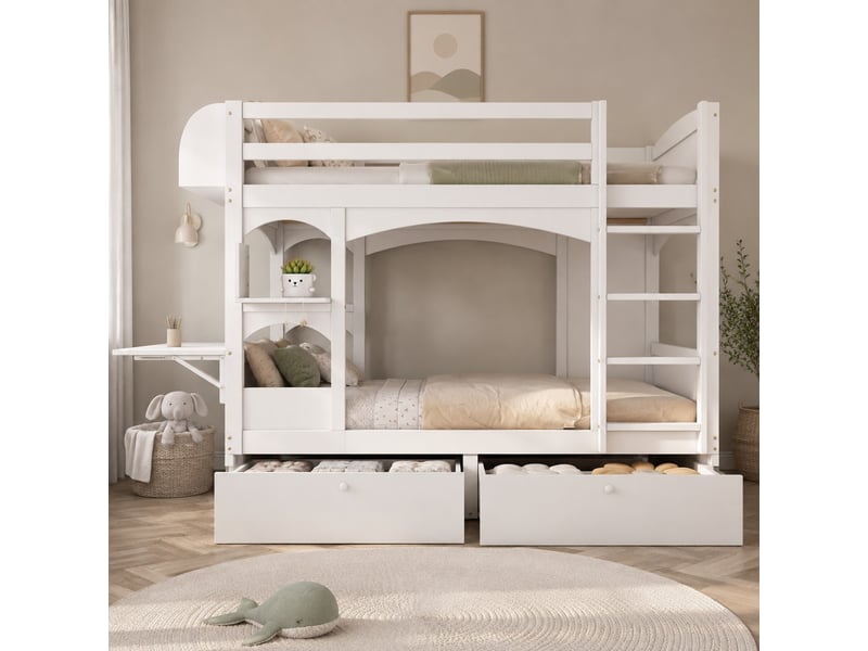  Lit superposé enfant 2 places 90x200 cm avec bureau rabattable et rangements blanc  - Conforama D