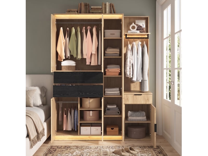  Armoire vestiaire 155x47x200 cm avec miroir et éclairage led mdf couleur bois clair  - Conforama E