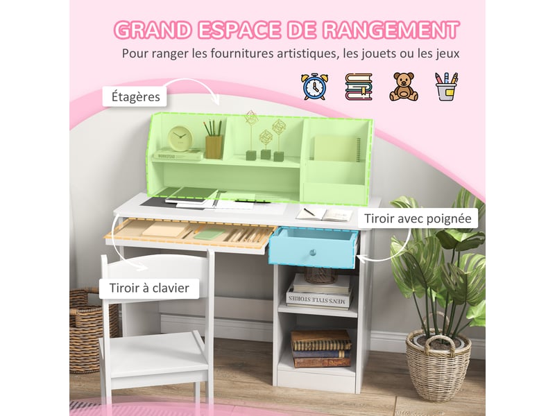  Bureau enfant avec chaise blanc 90 x 45 x 90 cm avec tiroir et rangements  - Conforama R