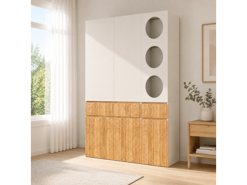  Armoire penderie 135 x 50 x 200 cm - 6 portes - 1 barre de penderie - 2 tiroirs - meuble de chambre moderne - gris clair et naturel  - Conforama C