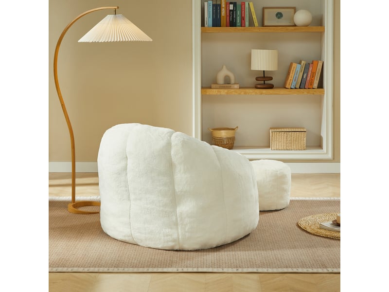  Pouf poire avec repose-pieds 105x105x70 cm, forme fleur, mousse et polyester blanc cassé  - Conforama C
