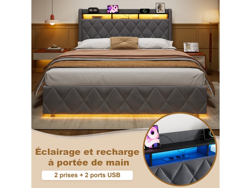  Lit coffre 160x200 cm, hydraulique, tête losange, rangement et led, étagère intégrée, velours gris, sans matelas  - Conforama D