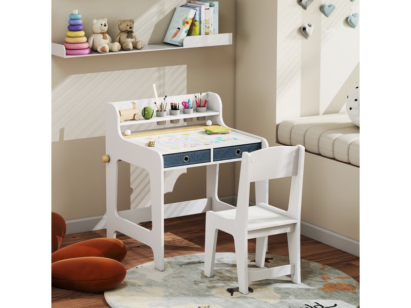 Bureau enfant avec chaise, table enfant et chaise avec 2 tiroirs en tissu et porte-gobelet, 62,8x55,6x73,8cm, blanc - Conforama C