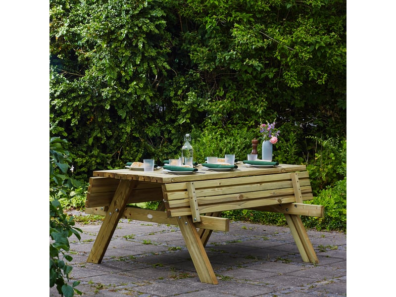  Axi  | julie table de pique nique en bois classic 177 x 154 x 74 cm | couleur naturelle, bois d'epicéa | table picnic 6 personnes | table de pique nique au design classique, bancs intégrés et pliables  - Conforama D