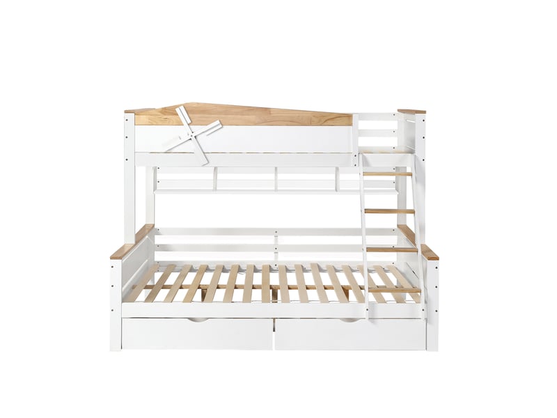  Lit superposé design moulin à vent, avec étagères, lit enfant, barrière de sécurité contrastée, échelle inclinée à quatre marches et tiroirs, pin et mdf, blanc et naturel, 90 x 200 cm et 140 x 200 cm  - Conforama D