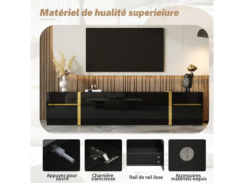  Meuble tv luxueux, finition haute brillance, bordures dorées, avec tiroirs et portes, style moderne, rangement pour salon, 180 cm  - Conforama D